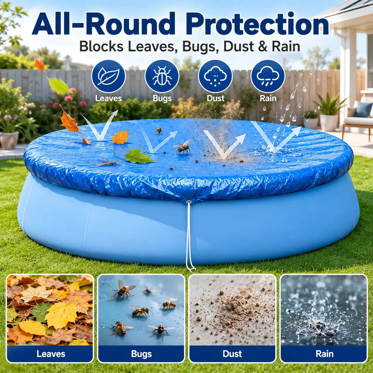 PE Plastic Swimming Pool Cover, Round Waterproof Tarp for 8-12 ft Outdoor Pools, Blocks Debris and Retains Heat, 1 X Swimming Pool Cover-3320