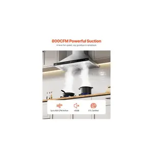 VEVOR Wall Mount Range Hood, 30 inch Chimney-Style Ceiling Mount Vent, 800 CFM Stainless Steel Kitchen Stove Hood with Gesture Touch Control, LED Light, Baffle Filters, Ducted/Ductless Convertible