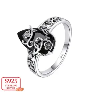 Black Synthetic Zirconia 925 Sterling Silvery 2.6g Ring Flower Life Jewelry Protection Gift for Women and Girls, Size 7-10