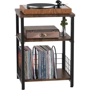 Record Player Stand, 3 Tier Side End Table with Vinyl Record Storage Basket, Turntable up to 100 Albums Record Shelf Display Holder Cabinet for Living Room, Bedroom, Office, Black