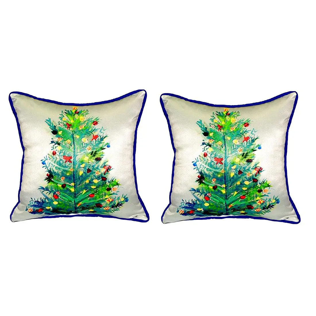 Pair of Betsy Drake Christmas Tree Small Outdoor/Indoor Pillows 12 In. X 12 In.