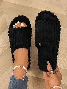 Women's Winter Casual Home Slippers, Comfortable Velvet Wave Edge Fashion Slipper, Indoor Use, Essential Simple Design, Slide Slipper