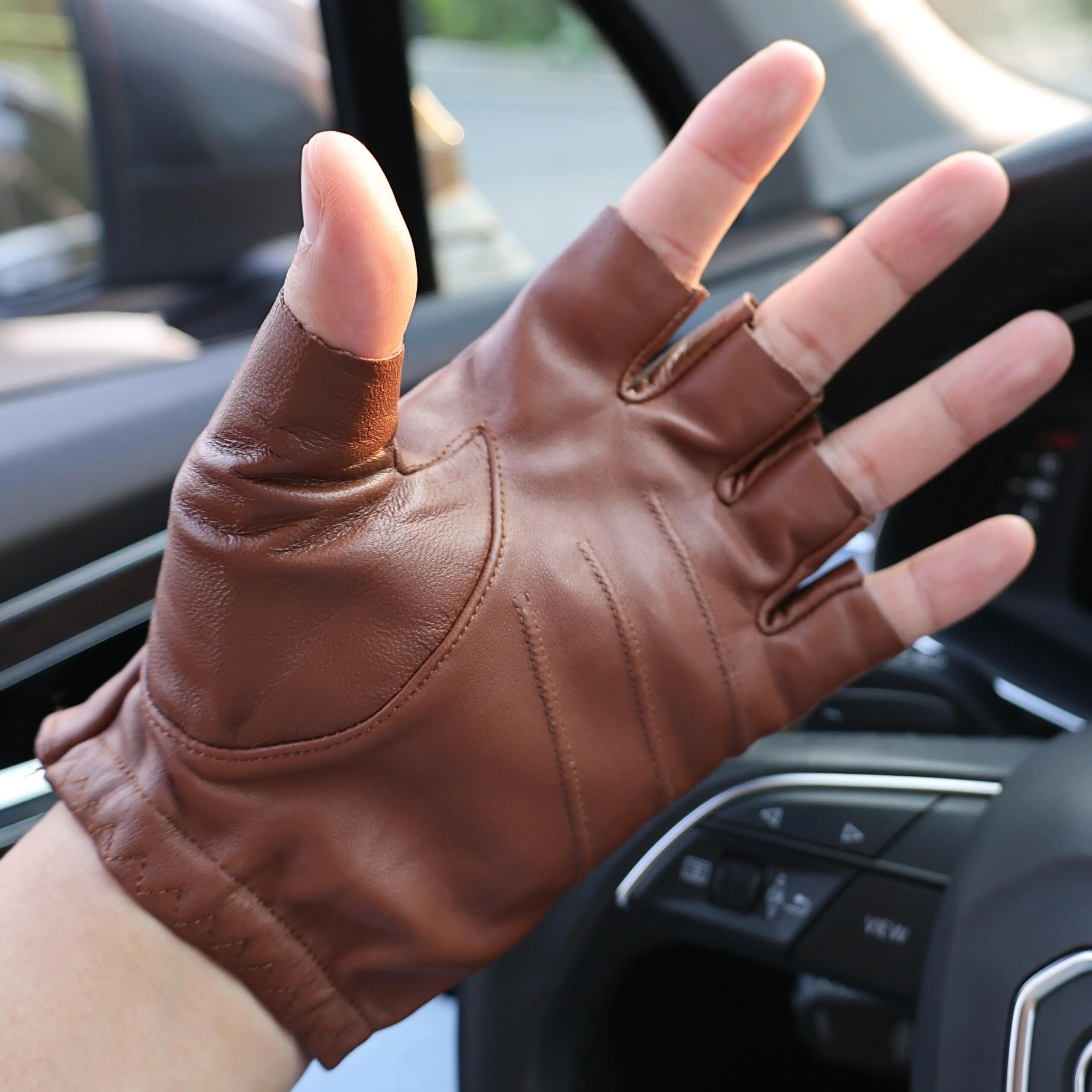 Mens Fingerless Half Finger Leather Driving Gloves Genuine Leather Sheepskin Outdoor Gloves for Men