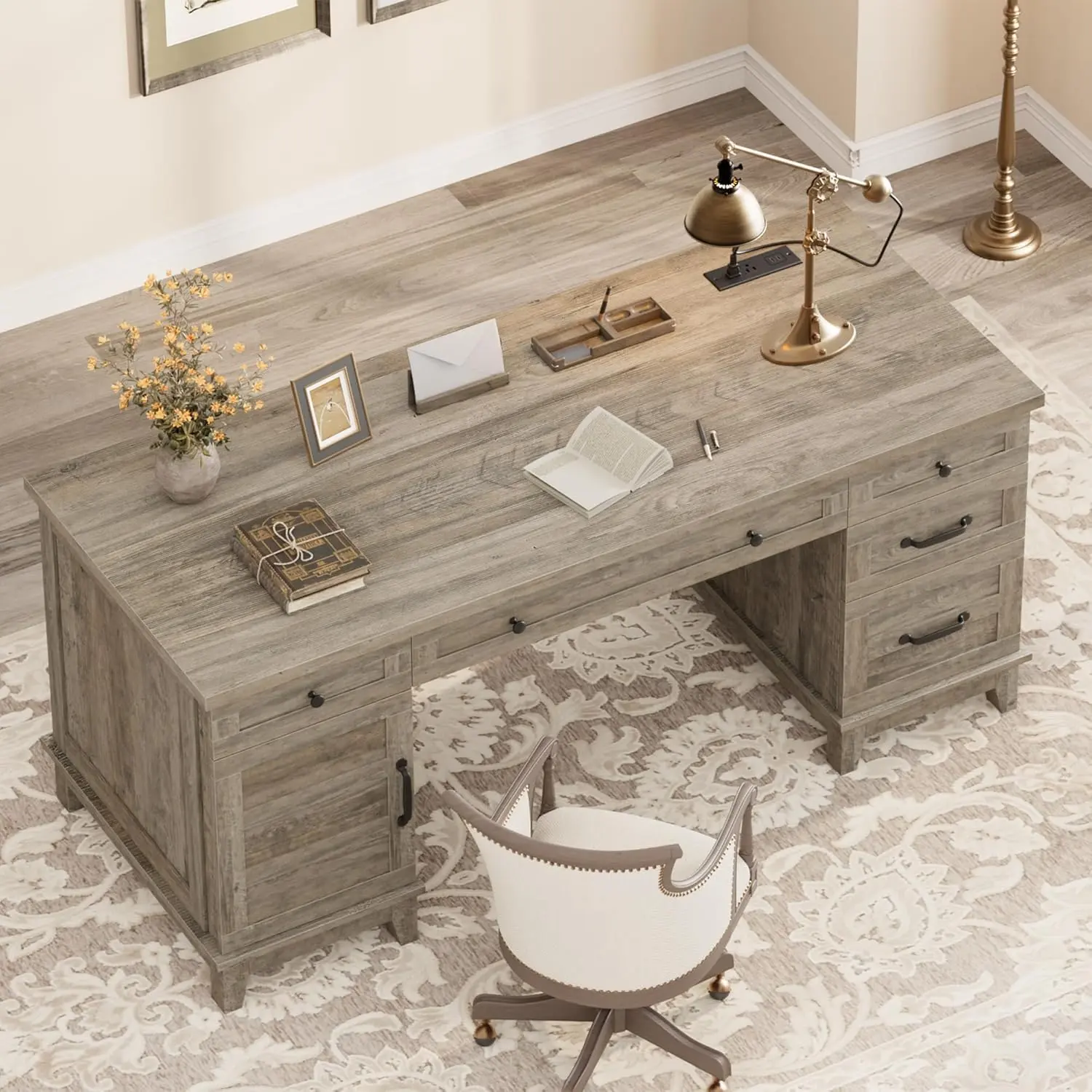 Garvee 60-in Heavy Duty Traditional Executive Desk - Commercial Office Furniture with Charging Station, File Cabinet, Power Outlets, USB Charger, Ample Storage Drawers, 400 lbs Capacity, Assembly Required (Ideal for WFH, Executive Writing Workspaces)