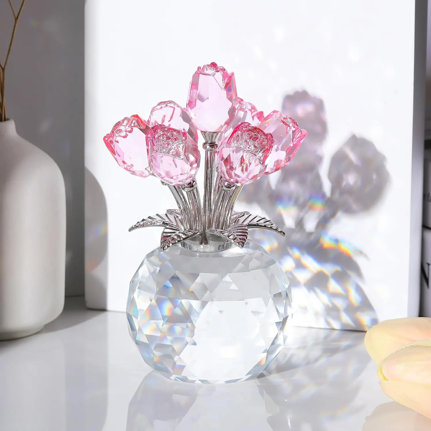 Crystal Rose Flower Bouquet in Glass Vase with Gift Box, Pink Sparkling Forever Roses Decor, Romantic Gifts for Women Her Mom Wife Girlfriend, Birthday Anniversary Valentine's Day Home Table Centerpiece