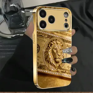 2025 New Electroplated Gold Phone Case, Diamond Gold Lion Head Dollar Pattern Hard Shell Design, Full Coverage Protective Cover, Suitable for iPhone 17/16/15/14/13/12/11