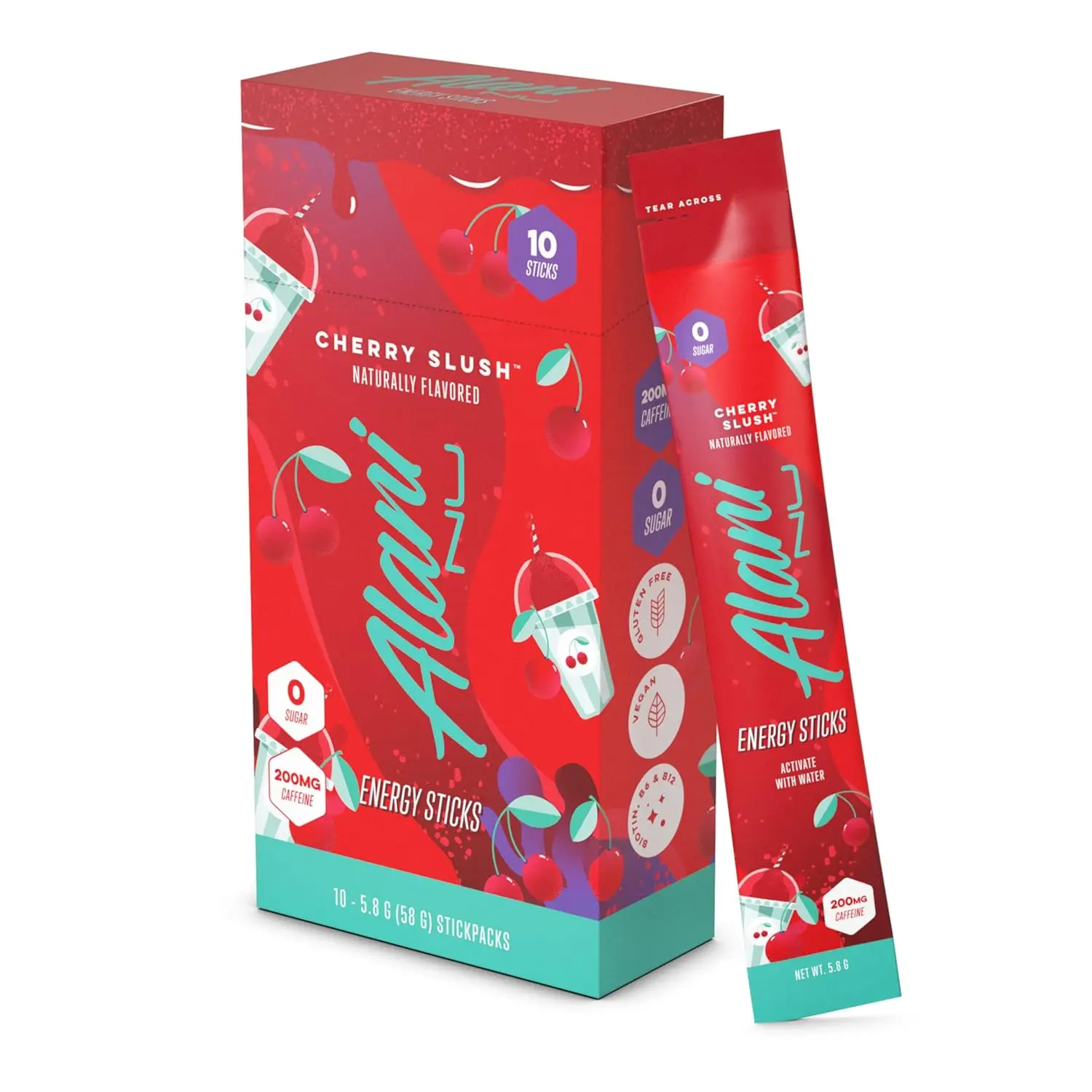 Cherry Slush Energy Sticks with 200mg Caffeine and Antioxidants - 10 Pack