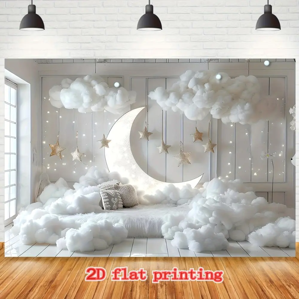 1-Piece 2D Flat Wall Hanging Backdrop, White Polyester Banner with Moon, Star & Cloud Prints, Birthday Cake Smash Photo Prop, Dreamy Indoor Home & Festive Party Decoration Supply, One-Piece