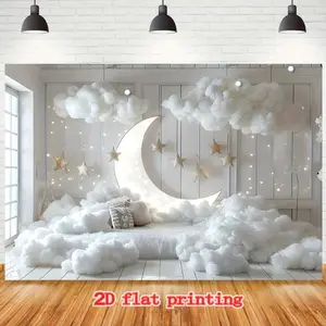 2D Flat Banner White Wall with Moon Stars & Clouds Birthday Party Backdrop for Cake Smash or Shower Photo Props Polyester Indoor Decoration for Halloween Christmas Event & Party Supplies Ornaments