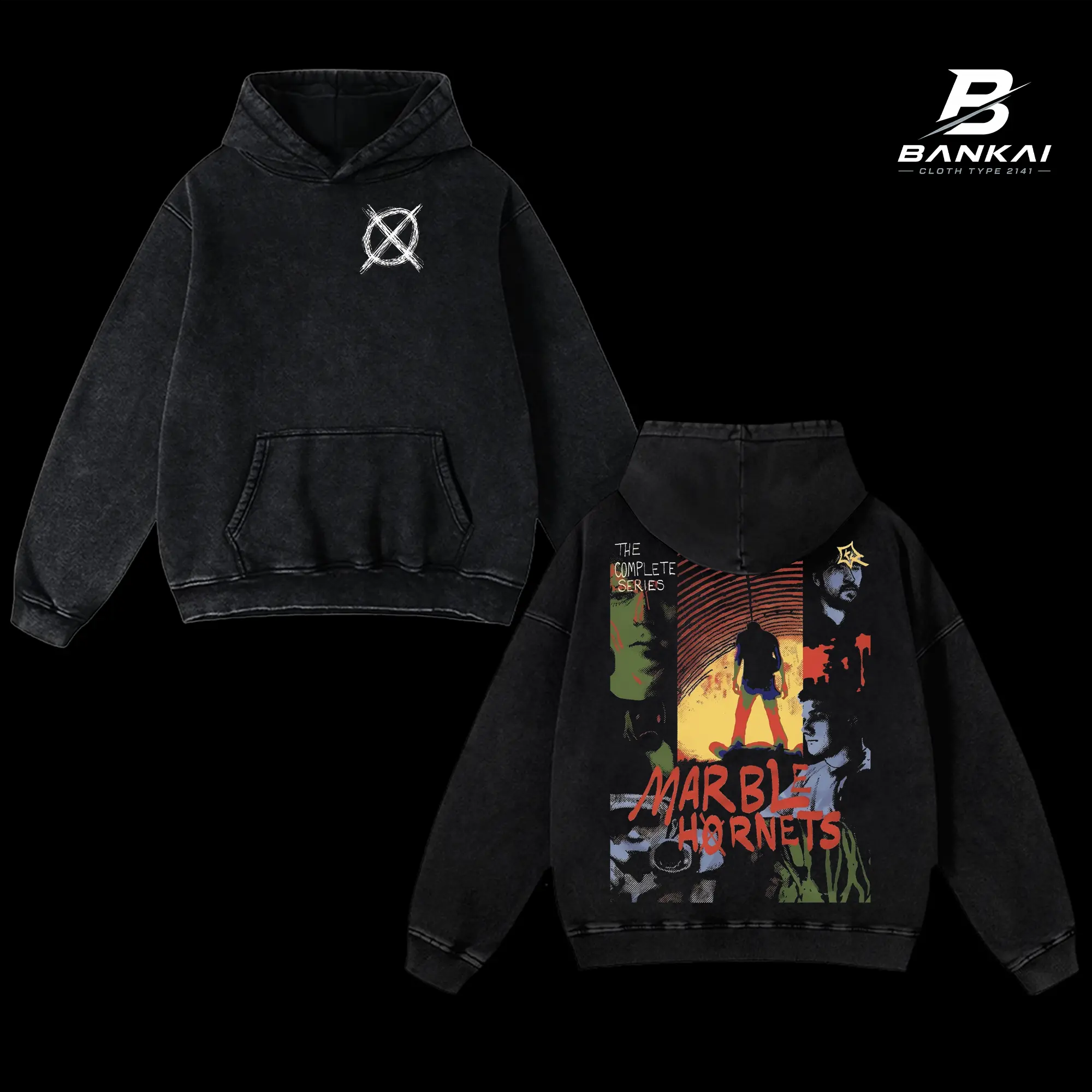 Marble Hornets Hoodie T-Shirt, Vintage Washed Oversized Unisex Black Graphic Hoodie, The Complete Series Creepy Design Shirt, Double Sided Horror Gaming Apparel, Unique Marble Hornets Fan Gift