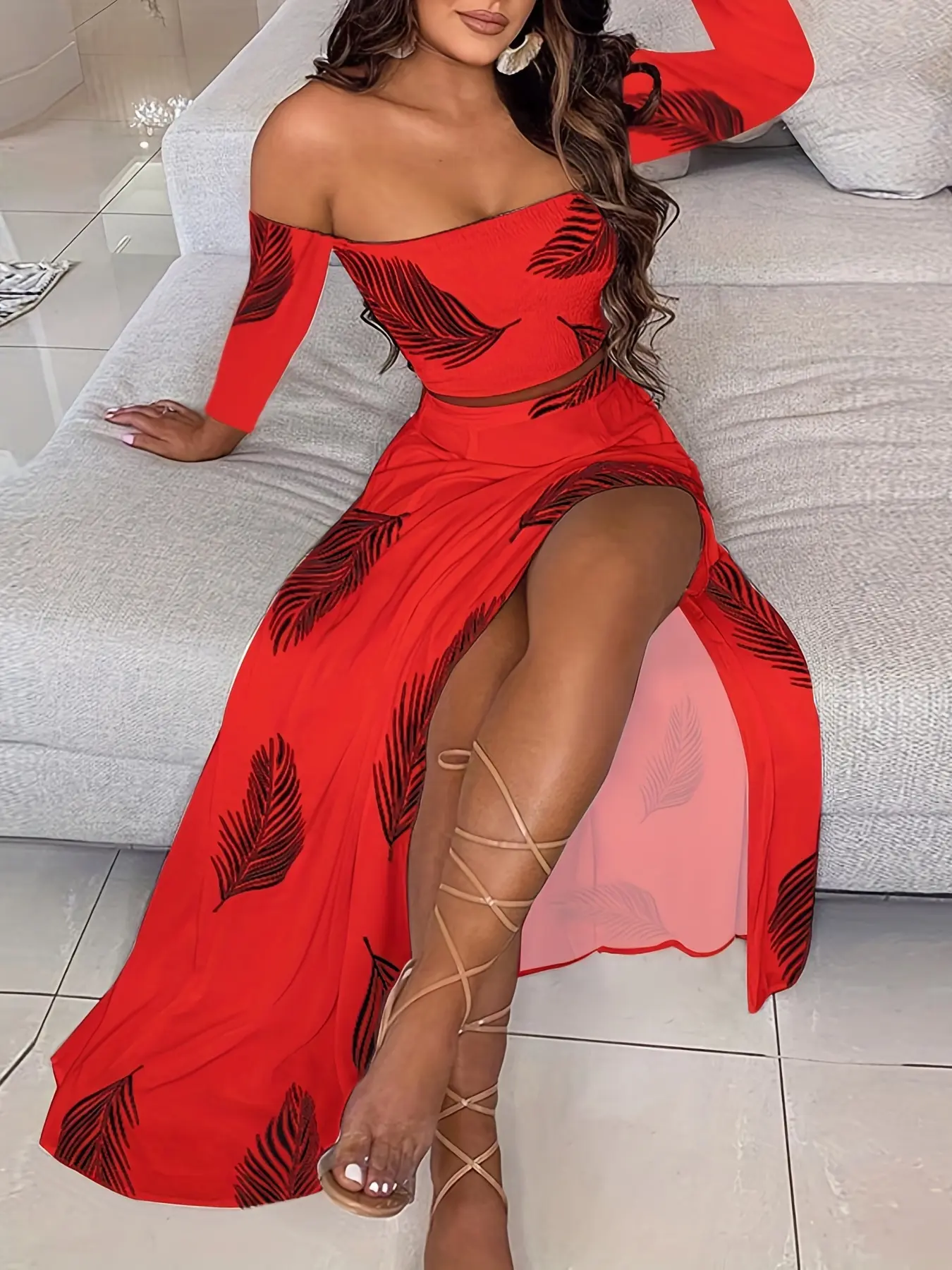Women's Slim Fit Retro Boho Long Sleeve Top & Skirt Set, Autumn Fashion French Style Chic Feather Pattern, 2 Piece