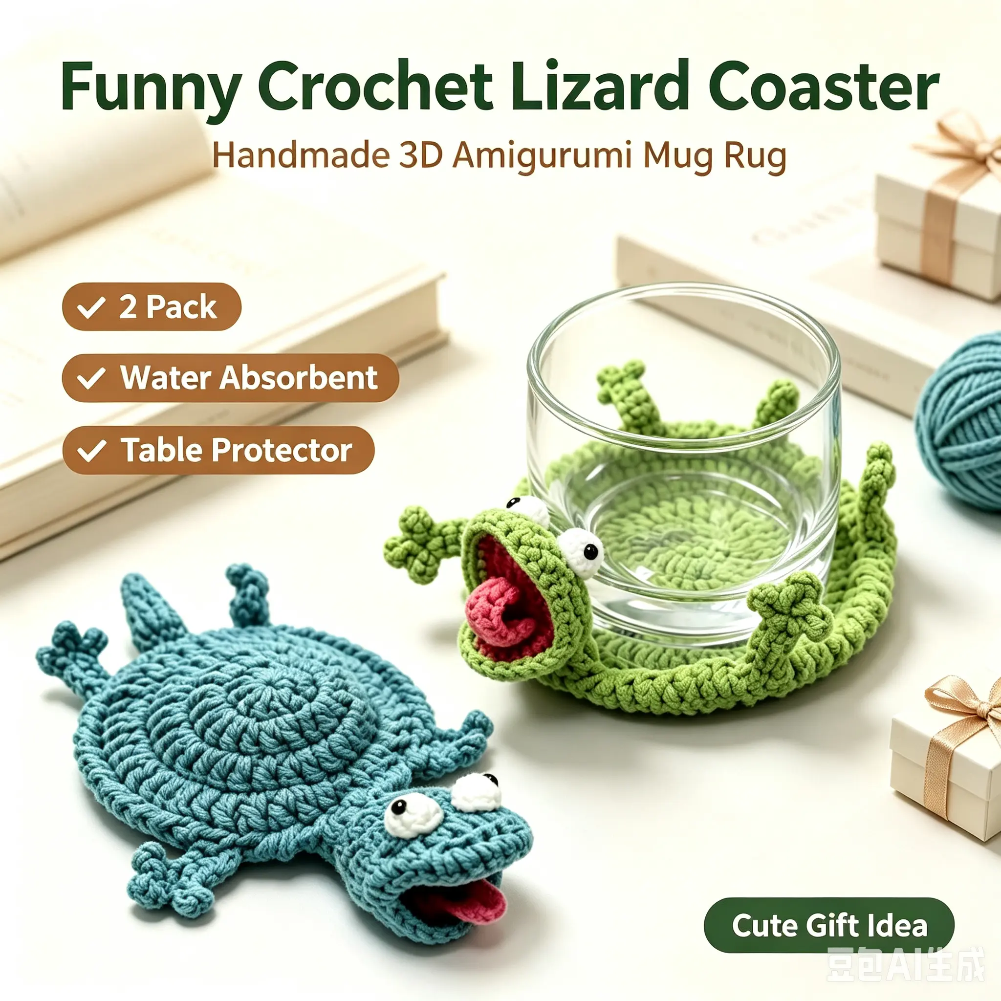 2-Pack Blue & Green Handmade Crochet Lizard Coasters - 3D Amigurumi Drink Coasters, Cute Animal Drink Mats, Home Decor, Table Protectors, Creative Housewarming Gifts, Home Organizers, Drink Mat