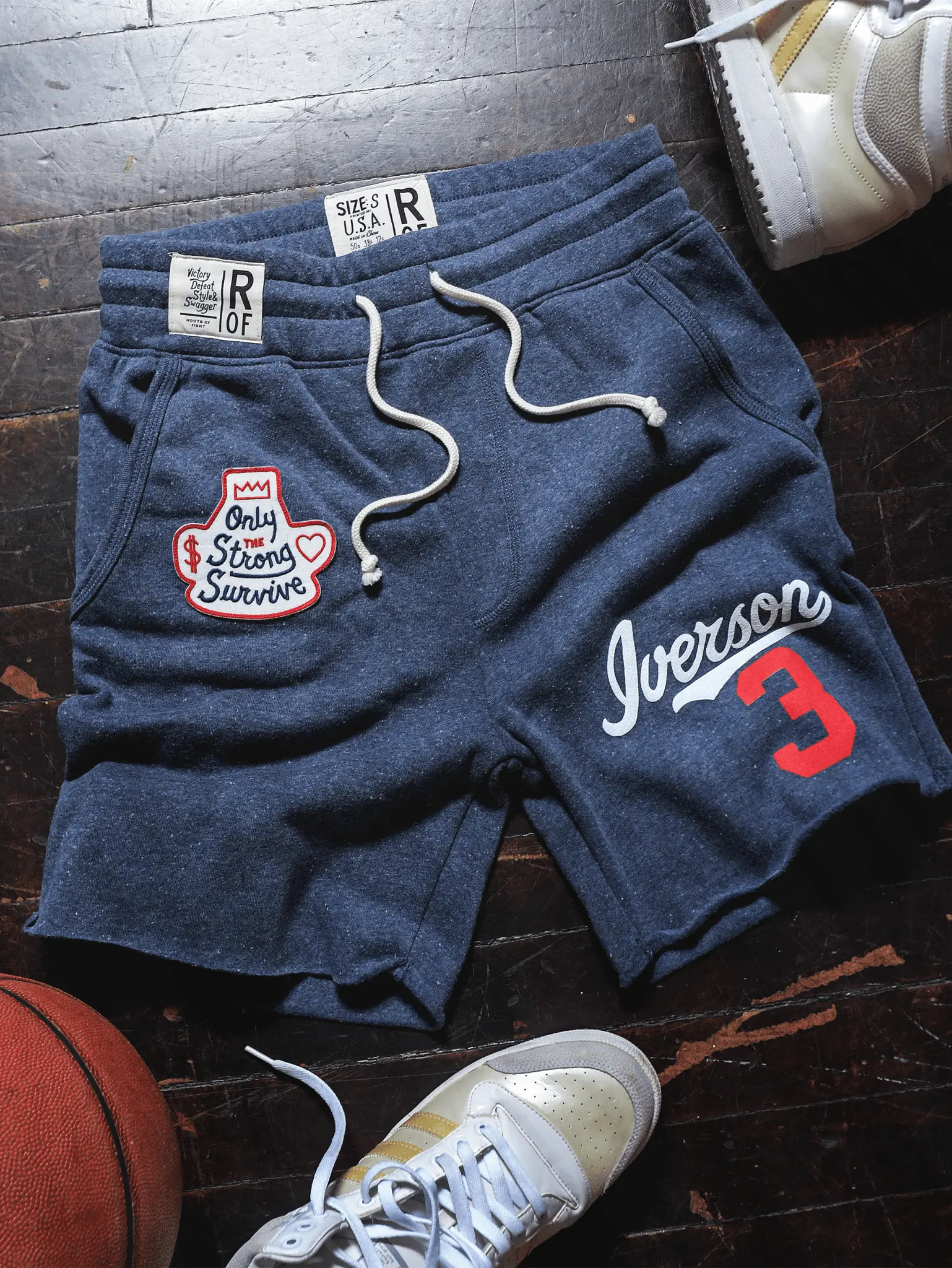 Men's Navy Slim-Fit Triblend Fleece Shorts - Menswear, Casual "Only Strong Survive" AI Graphic, Sporty Chic Aesthetic, Tattoos & Cornrows Inspired, Drawstring, Side & Back Pockets