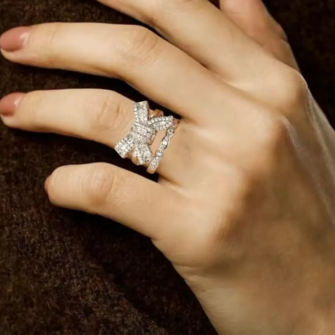 2-Piece Bow-Shaped Ring Set - Sparkling5A Cubic Zirconia Pave-Set Design, EngagmentRing for Elegant & Niche Fashion Lovers, PerfectGifts for Women，Multiple wearing options