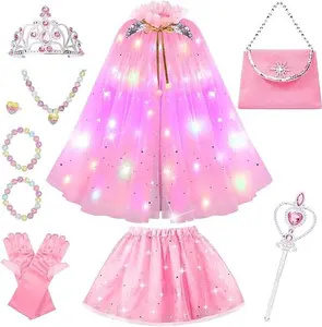 Mother Day Gift Princess Dress Up for Girls, Light Up Princess Cape with Crown, Dress Up Clothes Birthday Gift for Girls Toys 3-8