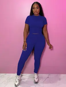 Women Two Piece Outfits Workout Sets Ribbed Casual Jogging Suits Short Sleeve Tracksuits