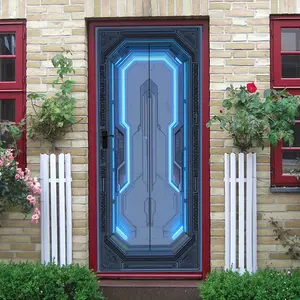 2pcs Futuristic Tech Light-Up Door Wall Sticker Cyberpunk Decorative Decal Self-Adhesive Removable PVC Material Living Room Bedroom Game Room Gaming Room Background Wall Creative Poster Blue Light LED