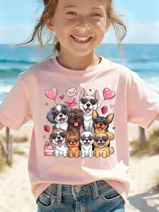 Children's summer comfortable "Cute Puppy Image" pattern, outdoor casual sports - girls' cartoon printed T-shirt