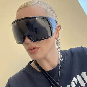 Oversized Wrap-Around Sunglasses for Women, Men's Sunglasses, Polarized Shield Shades with Big Curved Frames, Retro Geometric Double Beam, Rimless Rectangle, Adjustable Strap, LED Light-Blocking Stickers (Beach & Wedding Use)