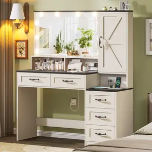 Farmhouse Vanity Desk with Mirror and 10 Led Lights, 45.3 " Large Makeup Vanity Table with Power Outlet, 5 Drawers and 1 cabinet, Vanity Set Dressing Table with 9 Hooks for Women Girls (White+Black)