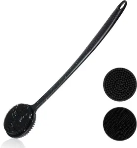 Silicone Back Scrubber for Shower, 17in Lengthen Long Handle Body Brush (Ink Black) Bath Pack