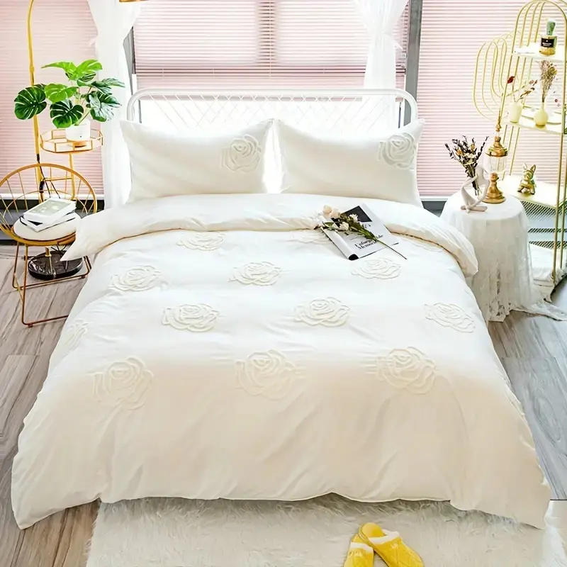 Rose Embroidery Duvet Cover Set, 2/3 Counts/set Including 1 Duvet Cover & 2 Pillowcase without Filler, Soft Comfortable Bedding Set for Home Bedroom, Decorative Duvet Cover