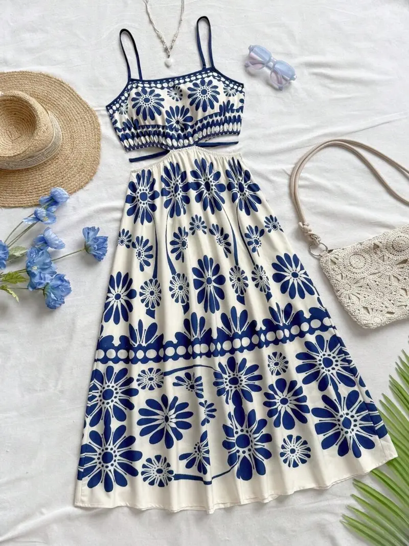 elegant tropical dress Elegant Strap Green Tropical Floral Print V-Neck Satin Open Back Dress –  EDITE MODE main image 0