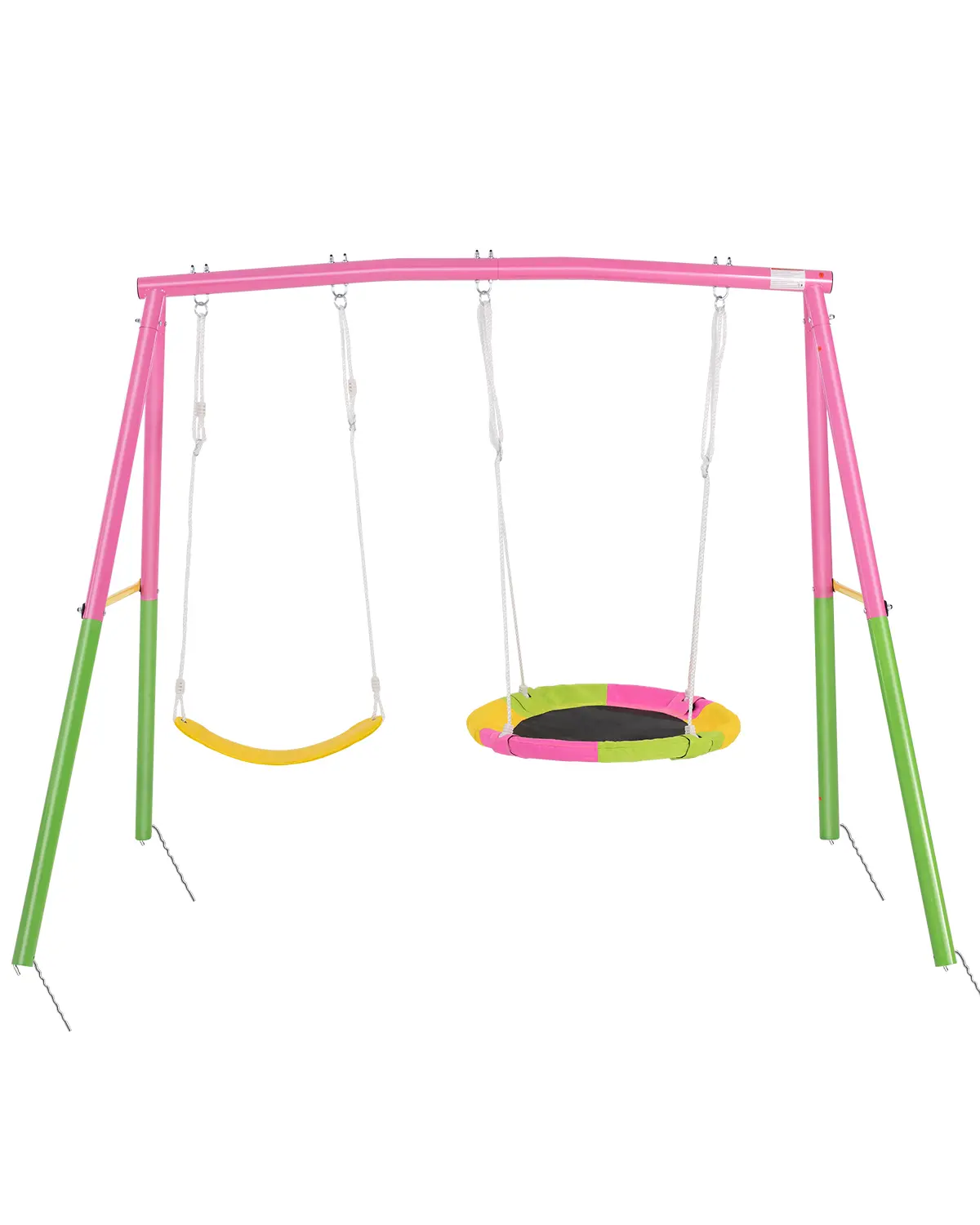 Mersco Heavy-Duty Metal Double Swing Set - 440lbs Capacity, Sturdy A-Frame, 32" Saucer Swing, 26.2" Belt Seat, Pink Sports Outdoor Play Equipment, Backyard Family Friendly Kids’ Toy, Easy to Install, High Quality Ground Anchors, Black Friday Gift