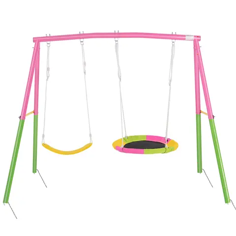 Mersco Heavy-Duty Metal Double Swing Set - 440lbs Capacity, Sturdy A-Frame, 32" Saucer Swing, 26.2" Belt Seat, Pink Outdoor Play Equipment for Kids, Backyard Use, Easy Install, High-Quality Ground Anchors, Gift for Kids & Friends