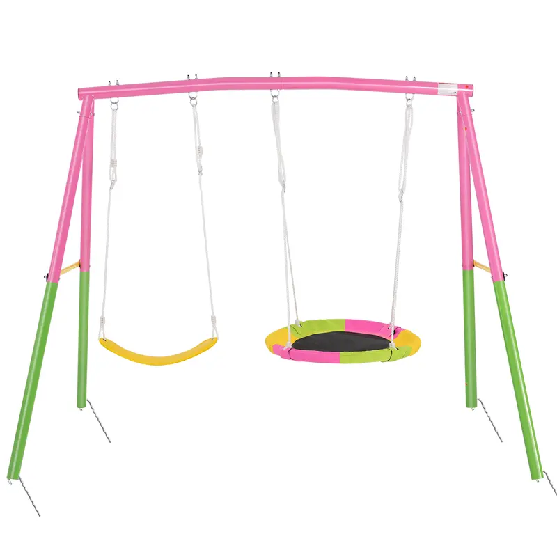 Mersco Heavy-Duty Metal Double Swing Set - 440lbs Capacity, Sturdy A-Frame, 32" Saucer Swing, 26.2" Belt Seat, Pink Outdoor Play Equipment for Kids, Backyard Use, Easy Install, High-Quality Ground Anchors, Gift for Kids & Friends