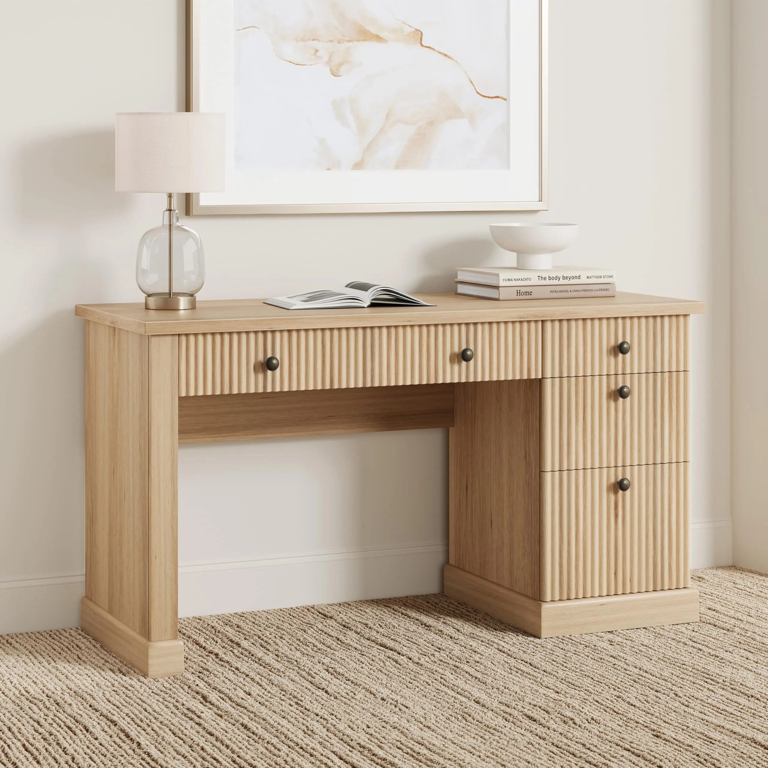 Sturdy 54" Modern Fluted Executive Desk, Wooden Computer Writing Table with File Drawers, Storage Cabinet & Charging Station for Small Home Office Spaces, Brown