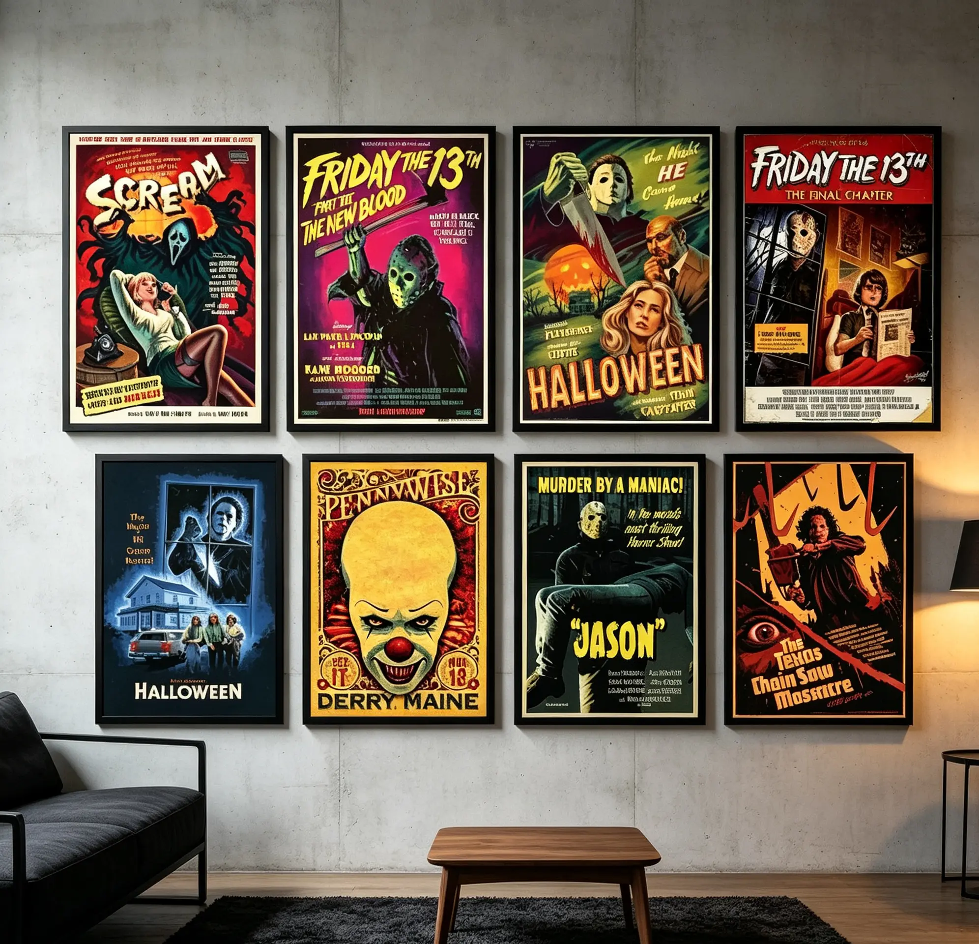 Vintage Horror Movie Poster Set ,FridayThe13th8 Pcs Classic Slasher Film Wall Art Print Halloween Decor Scream Friday The 13th Halloween Pennywise Texas Chainsaw Massacre Wall Decor For Game Room Bedroom Man Cave