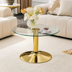 27.5"D × 17.7"H Round Tempered Glass Coffee Table, Light Luxury Rounded Edge Design, Sturdy Wide Metal Base with Anti-Slip Pads, Multi-Purpose Side Table for Living Room, Bedroom, Balcony and Small Apartment