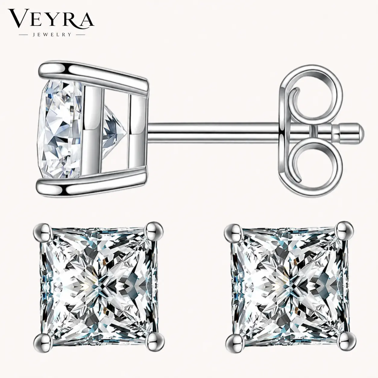 VEYRA 14K Gold-Plated Princess Cut Stud Earrings, aLab-Created Moissanite S925 Sterling Silver Earrings, Sparkling Jewelry Gift for Birthday, Mother’s Day, Christmas & Wedding valentine anniversary gift