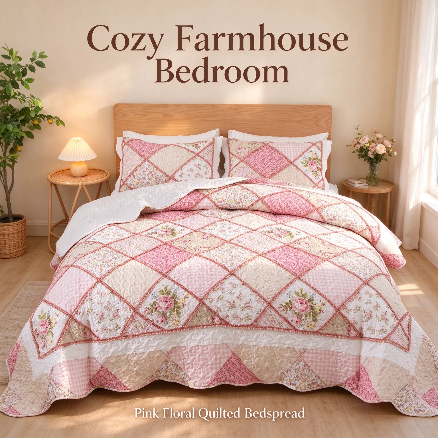 Pink Patchwork Polyester Bedding Sets, 3-Piece Floral Design Bedsheets with Soft Texture