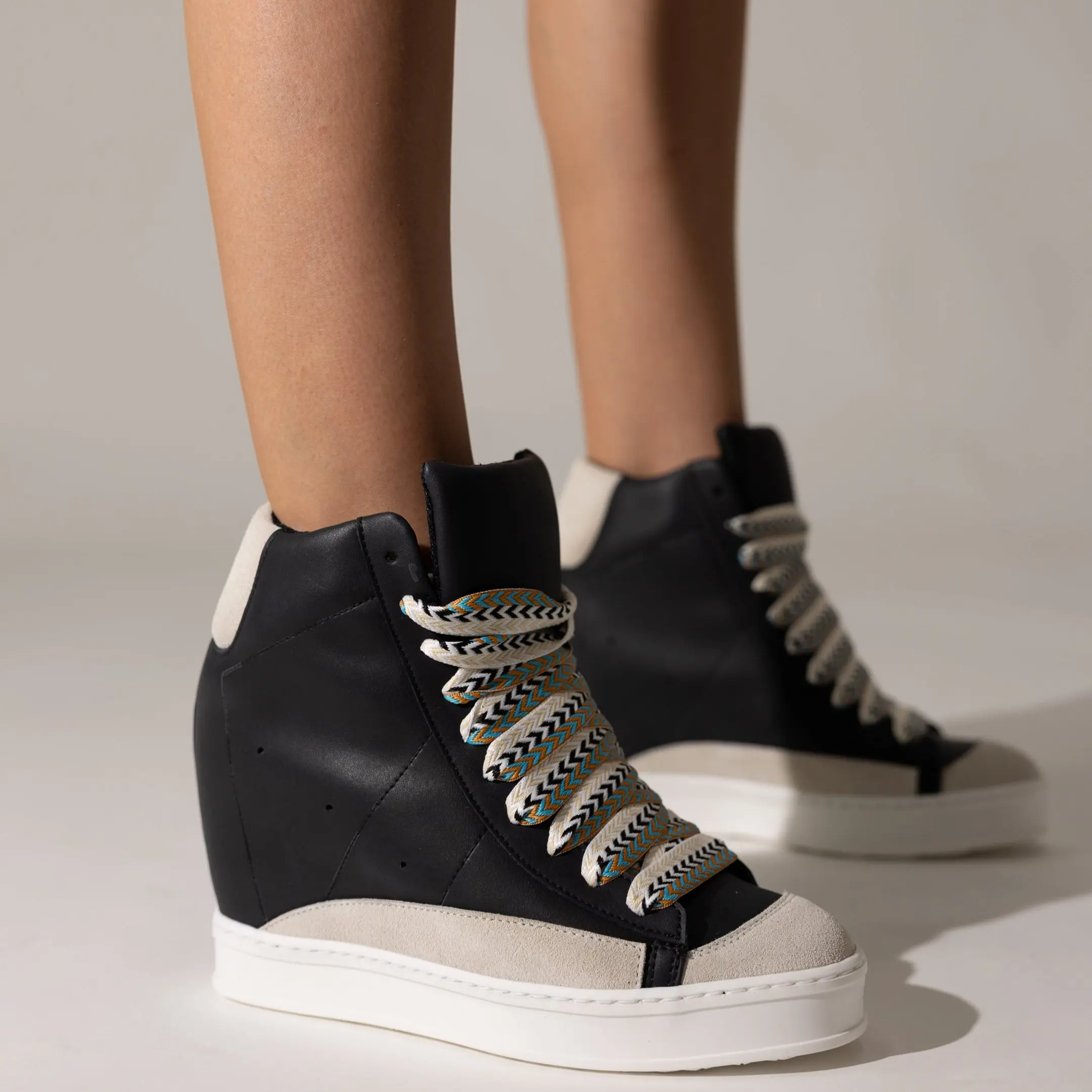 Cynthia Richard Hidden Wedge Trainer Sneakers | Black Napa Leather Lace-Up High Tops - Lightweight Sports Shoes - Trending Sneakers for Women - Stylish Platform Walking Shoes