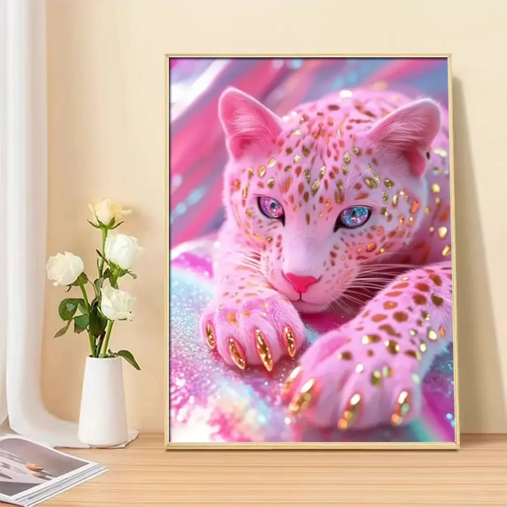 New 5D Diamond Painting Kit Pink Leopard Full Round Diamond DIY Animal Theme Art Living Room Home Decoration Gift Craft Handicraft