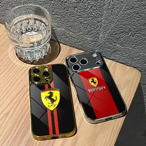 PIKPAKA F-FerrariS Sports Car Logo Simple Luxury Fashion Phone Case, Smartphone For IPhone 17 16 15 14 13 12 Pro Max Plus Electroplated Metal Bumper Slim Tempered Glass Back Shockproof Anti-Scratch Durable