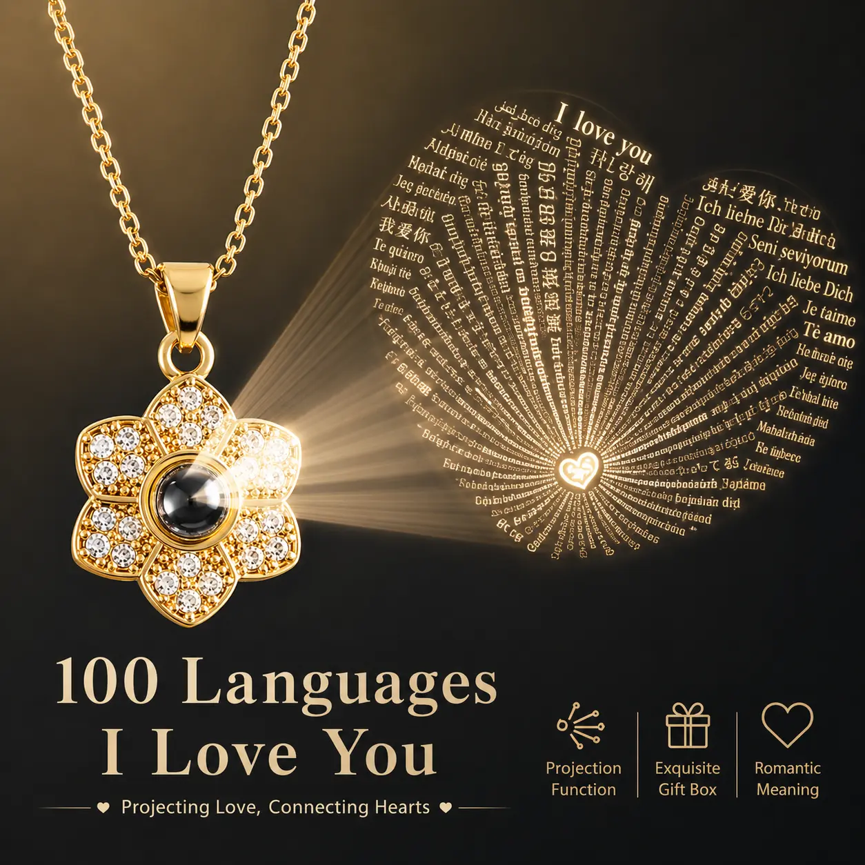 ARPURRAINA Women's Personalized Pendant Necklace - 100-Language "I Love You" Night Projection Flower Pendant, Stainless Steel Chain with Zircon Snowflake Charm, Romantic Gifts for Her for Valentine's Day, Elegant Necklace, Meaningful Gifts, Anniversary, L