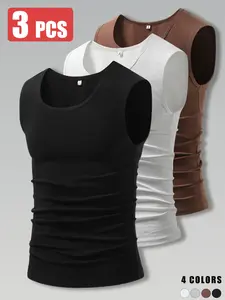 3-Pack Men’s Summer 100% Cotton Sleeveless Sports Tank Tops, High Stretch, Moisture-Wicking, Breathable, Wrinkle-Resistant, Comfortable
