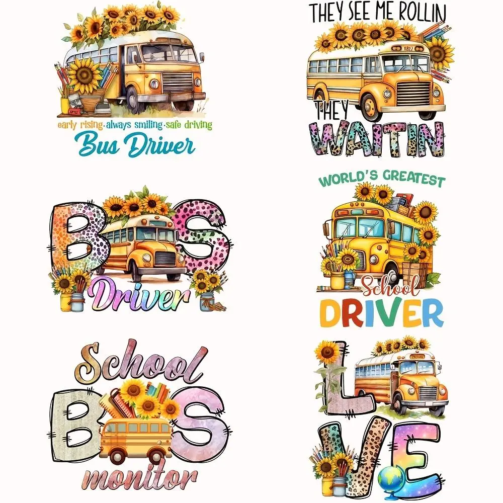 Bus Driver Themed Iron-on Heat Transfer Vinyl Decals, 6 Counts/set DIY Craft Supplies Washable T-shirt & Apparel Patches for Clothing DIY Products