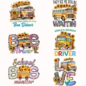 Bus Driver Themed Iron-on Heat Transfer Vinyl Decals, 6 Counts/set DIY Craft Washable T-shirt & Apparel Patches for Clothing