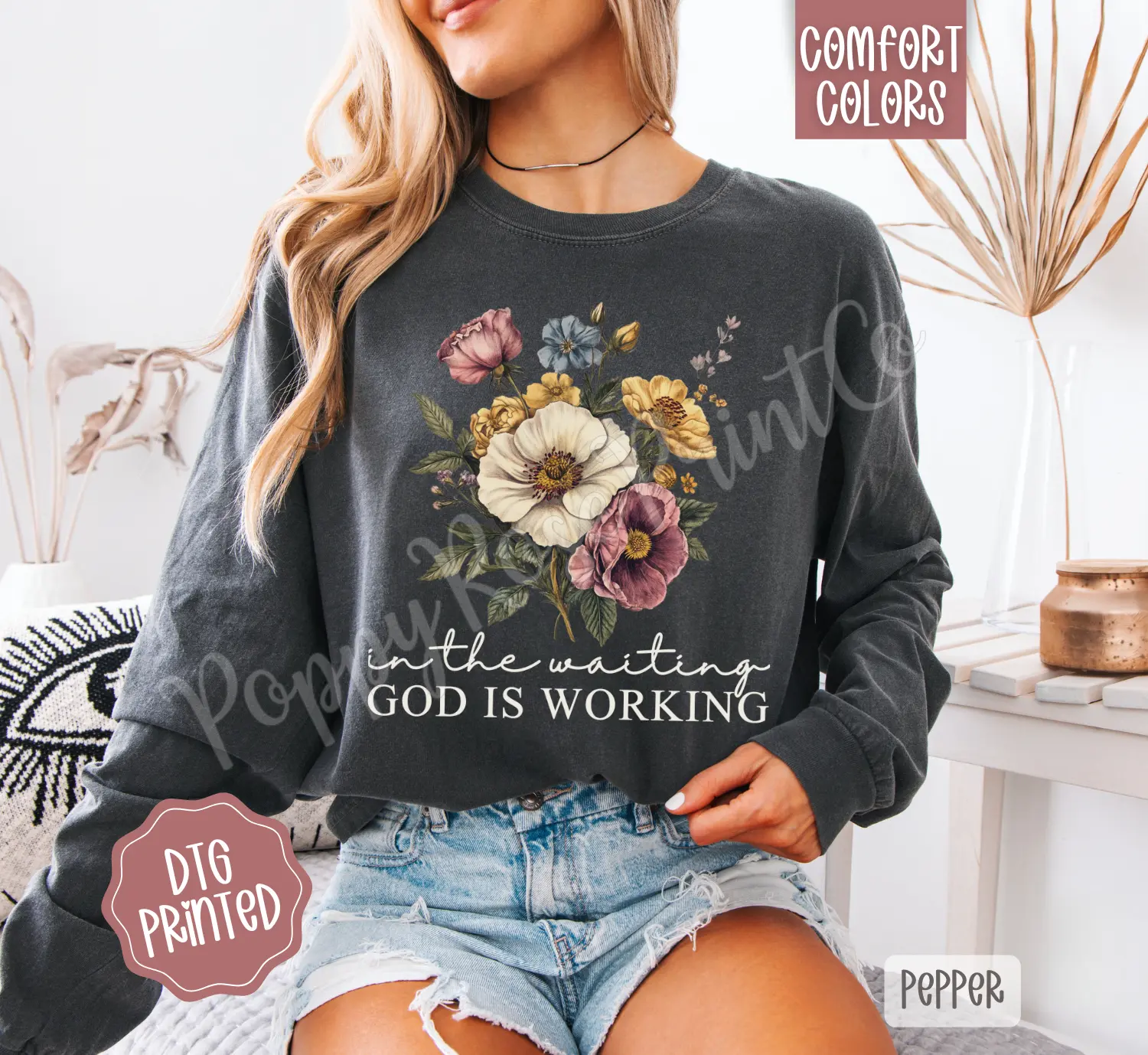 In the Waiting, God is Working Comfort Colors Long Sleeve T-Shirt, Cute Women's Religious Tee