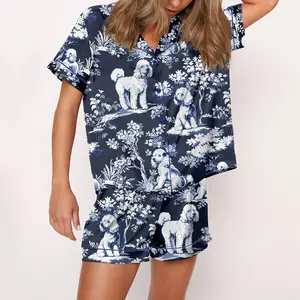 SHESHOW Blue Poodle Dog Silky Satin Pajama Set For Women Print Comfy Satin Sleepwear & Loungewear Pjs Printing Silky Top & Bottoms