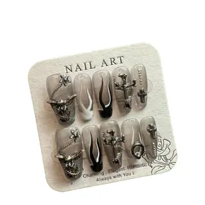 S66 Hand-made nail art dark black metal black and white yin and yang flame press-on nails、artificial nails Long Diamond