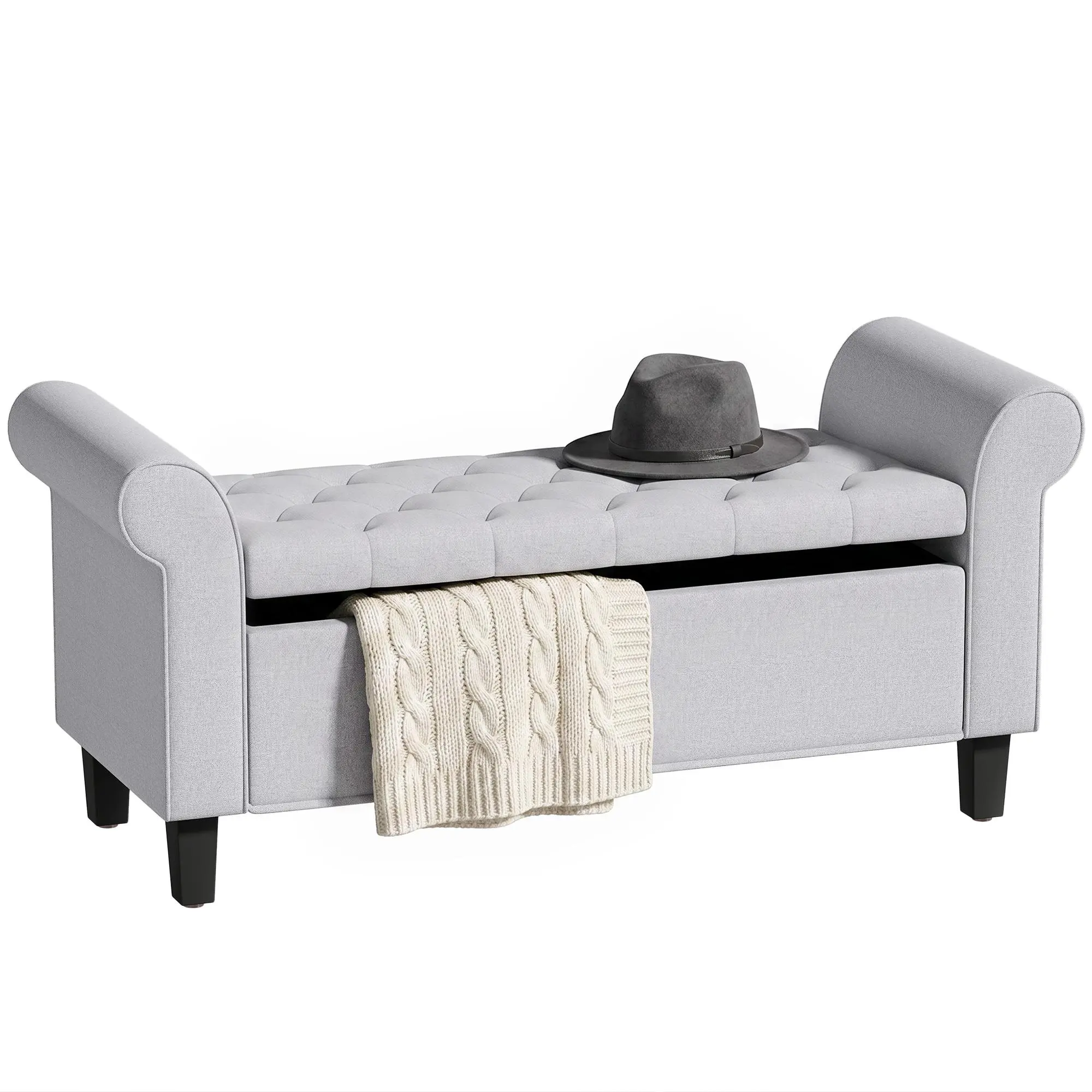 HOMCOM 47" Storage Ottoman Bench, Tufted Long Ottoman with Storage Chest, Rolled Arms, Safety Hinge, Wooden Legs, Upholstered End of Bed Bench, 528 lbs for Bedroom, Entryway, Living Room