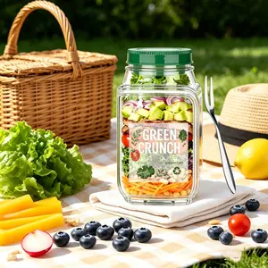 1000ml Leak-Proof Salad Container | 1L Portable Meal Prep Jar with Dressing Holder | BPA-Free | Free Stickers & Fruit Fork Included