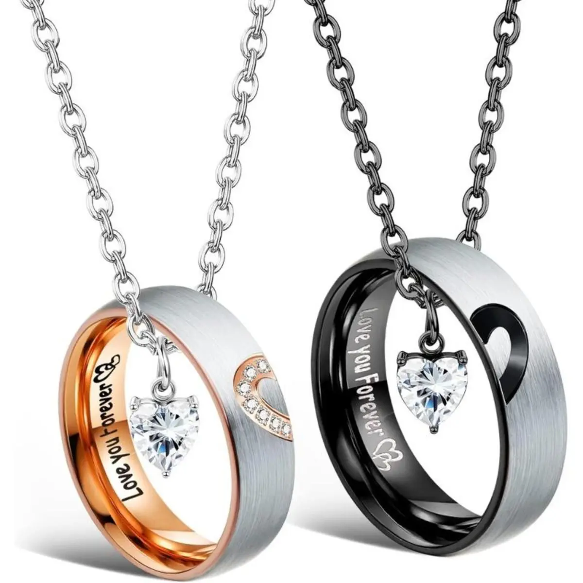 Matching Couple Necklaces Set - Stainless Steel Promise Ring Design Pendants, Unisex Chain Jewelry Necklaces, Casual Daily Wear Fashionable Jewelry Accessories for Men & Women, Fashion Costume, Couple-Themed Necklaces