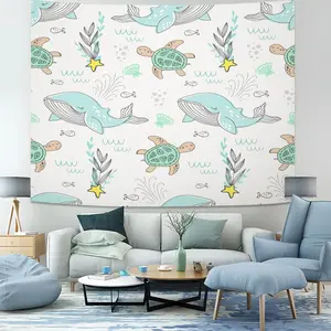 Cute Whale & Turtle Print Tapestry, Sea Animals Kids Tapestry Wall Hanging, Nautical Themed Wall Blanket, Marine Life Backdrop Decor for Classroom Toddler Kids Nursery Bedroom Playroom,Available in a variety of sizes