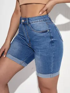 Summer High Waist Ripped Denim Shorts for Women Stretch Skinny Knee Length Jeans Shorts Casual Female Clothing